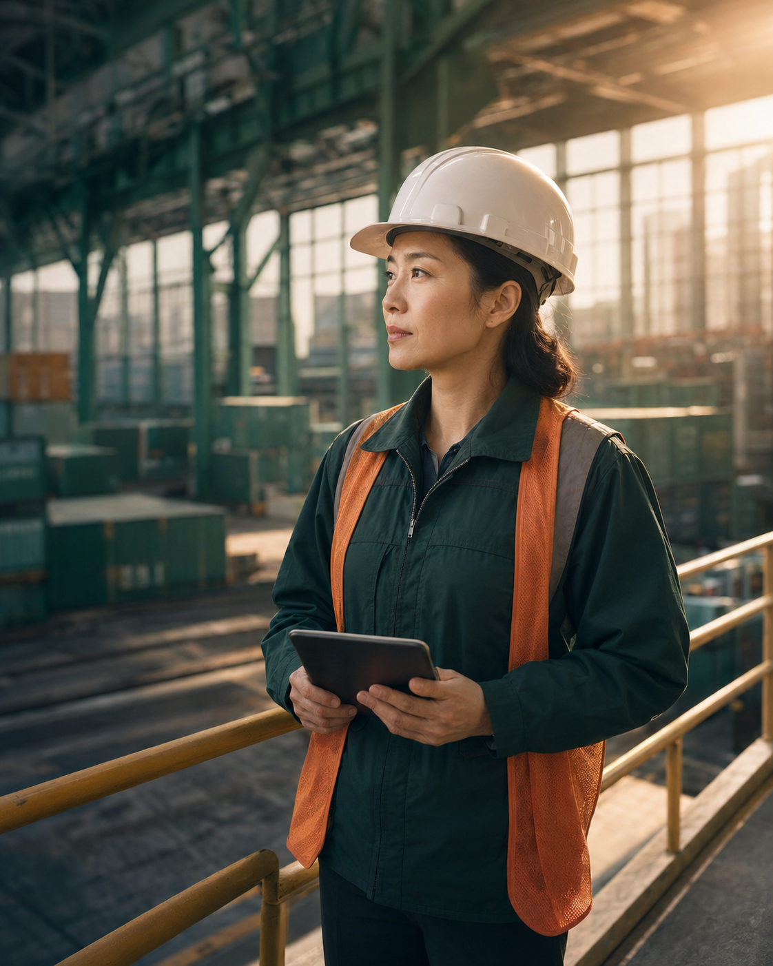 Illustration of an operations professional reviewing information at a logistics facility